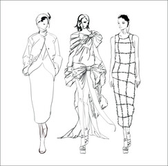Set of Beautiful young girl in stylish clothes. Fashion woman look. Sale concept. Hand-drawn fashion illustration. Cute girl in fashion clothes. 