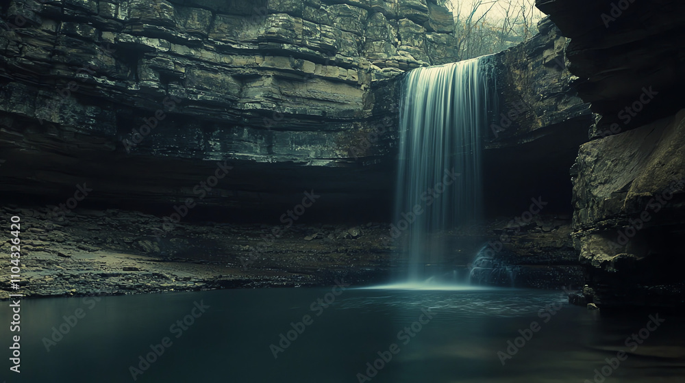 Poster majestic waterfall cascading into a serene pool surrounded by rugged cliffs in soft long exposure