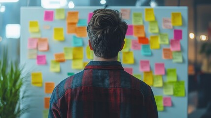 brainstorming session, using sticky notes on a task board (kanban) to organize ideas and workflow in a modern office