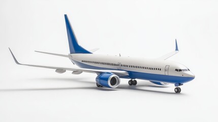 Fototapeta premium a blue and white airplane sitting on top of a white surface The airplane has a white body with blue accents, and its wings are spread out as if it is about to take