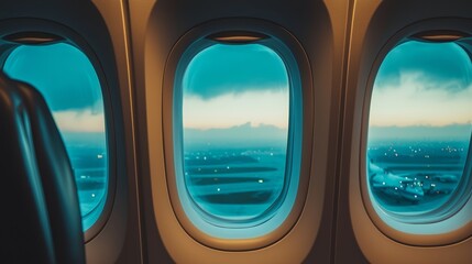  an airplane window with a view of the sky, illuminated by the lights of the city below The seat of the plane is visible, providing a comfortable view from the wind