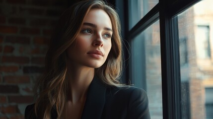 Fototapeta premium a woman in a black suit looking out a window, with a brick wall in the background and a building visible through the glass