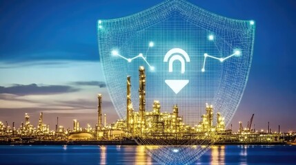 Digital Security Concept Over Oil Refinery at Night with Technology