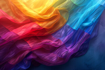 Obraz premium A vibrant wave of flowing silk in rainbow hues, blending seamlessly from warm yellows and oranges to cool blues and purples.