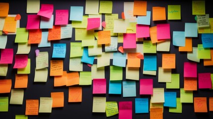 brainstorming session, using sticky notes on a task board (kanban) to organize ideas and workflow in a modern office