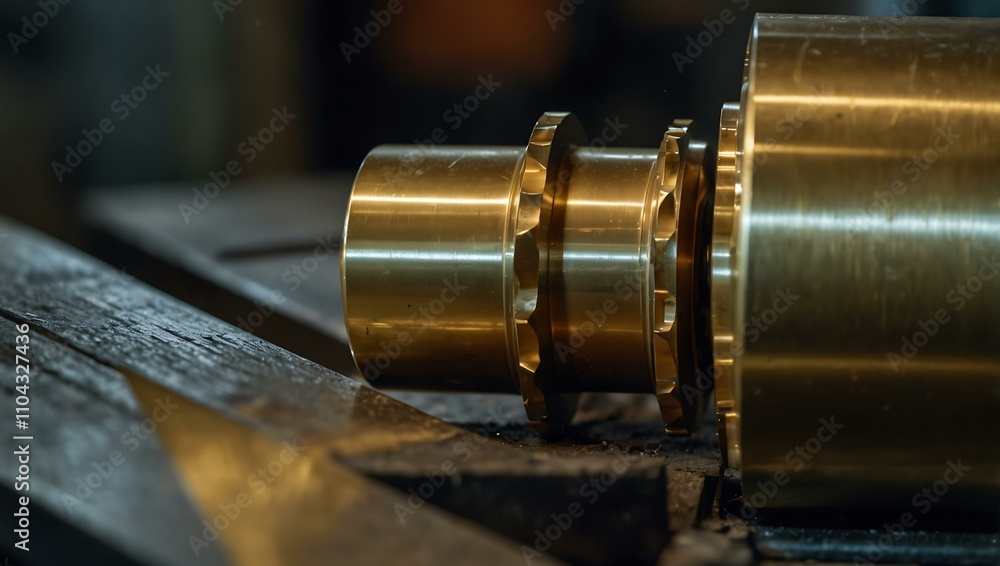 Poster brass blank operation on a turning machine with a cutting tool.