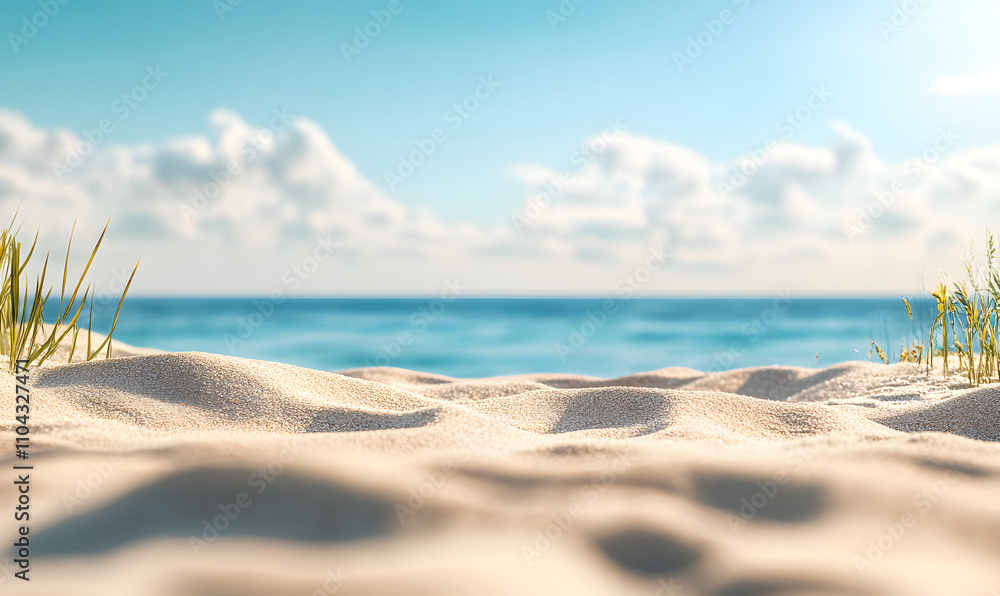 Poster beautiful summer background with a sandy beach and blue sky. blurred empty space for product display