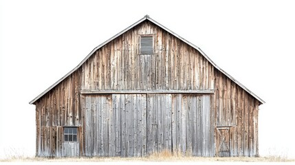 Naklejka premium an old wooden barn in the middle of a field, surrounded by lush green grass and a bright blue sky The barn is made of wood and has a door and window, giving it a r