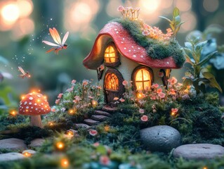 Obraz premium A whimsical fairy house surrounded by flowers and glowing lights.