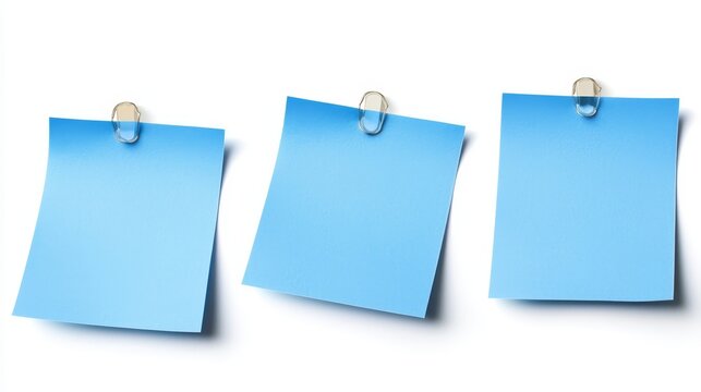  three blue sticky notes with paper clips attached to them, set against a white background