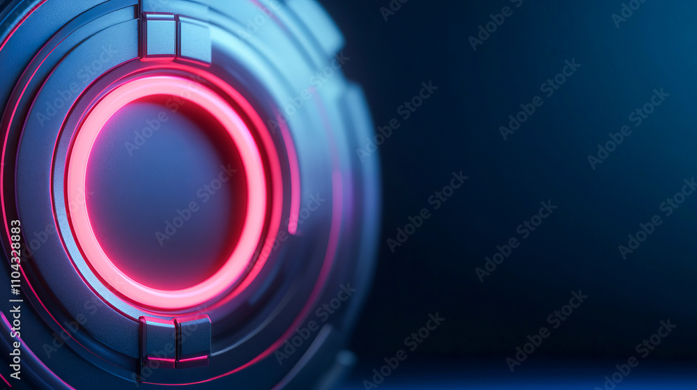 Poster futuristic circular led device with neon glow on dark background