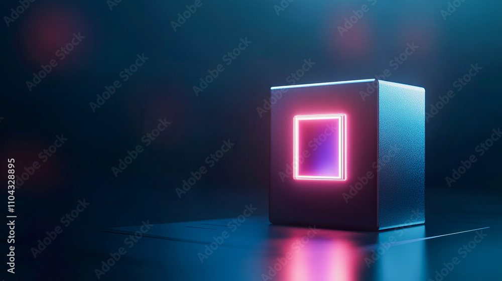 Poster futuristic neon-illuminated cube in dark ambient setting