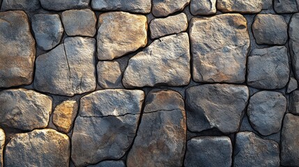 Obraz premium Close-up of a textured stone wall with irregular shapes and colors, showing natural variations in sunlight.