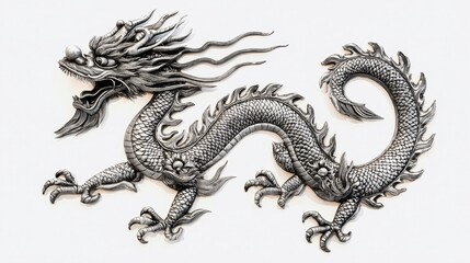 Fototapeta premium a black and white drawing of a Chinese dragon on a white background The dragon is intricately detailed with scales, claws, and a long tail Its eyes are wide and a
