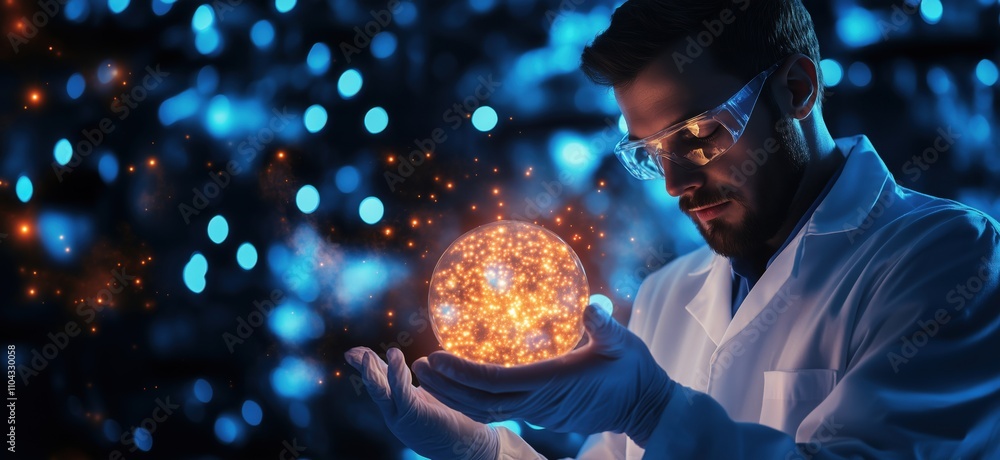 Poster scientist holding glowing sphere, showcasing innovation and discovery. man in lab coat, safety goggl