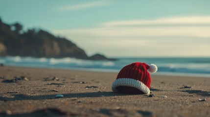 Obraz premium a red and white Santa hat sitting on top of a sandy beach, with a blurred background of water, mountains, and sky
