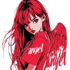 Anime girl, manga comic y2k style. Cool trendy print for t-shirt, wall poster, notebook cover with text "Angel".
