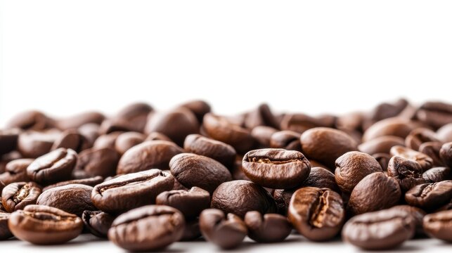  a pile of roasted coffee beans on a white background The beans are a deep brown color, indicating that they have been roasted to perfection The texture of the bea