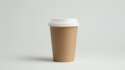  a brown paper coffee cup with a white lid on a white background The cup is cylindrical in shape and has a handle on the side for easy carrying The lid is slightly
