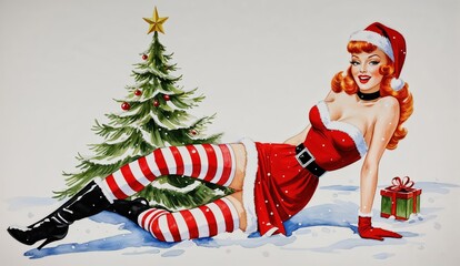 Vintage Christmas Pin-Up in Santa Hat on Ground with Christmas Tree &ndash; Horizontal Watercolor Card