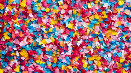  a vibrant and colorful background of paper confetti, with a variety of colors including red, blue, yellow, and green The confetti is scattered across the ground, c
