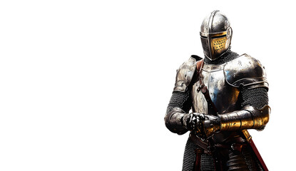 Fototapeta premium Knight in shiny metal armor. Reliable security and insurance. Copy space.