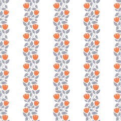 Seamless minimalistic floral pattern with orange flowers and grey leaves on the white background. Perfect for textile, fabric, backdrop, wall hanging, wrapping, design paper, home decoration