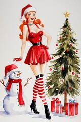 Vintage Pin-Up in Red Outfit with Snowman and Christmas Tree &ndash; Vertical Holiday Watercolor Art