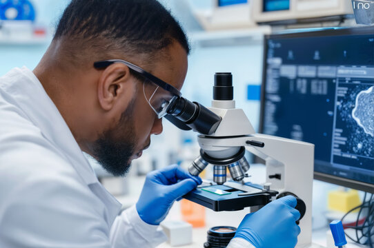 Professional african american scientist using a microscope in a modern laboratory, conducting medical research and analysis - Powered by Adobe
