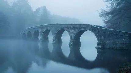 A bridge spans a river with foggy skies above