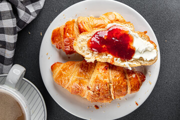 Croissant with jam French toast fresh tasty food dish Delicious gourmet food background on the table rustic food top view copy space