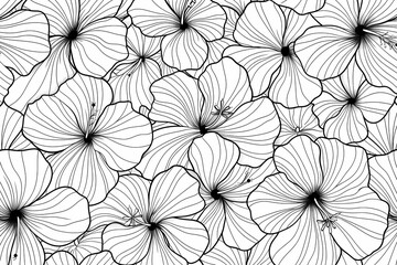 A detailed black line art of hibiscus flowers, creating a captivating floral pattern on a white background.