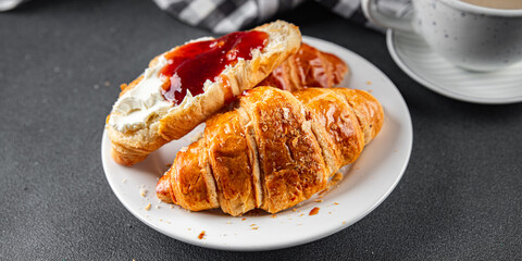 Croissant with jam French toast fresh tasty food dish Delicious gourmet food background on the table rustic food top view copy space