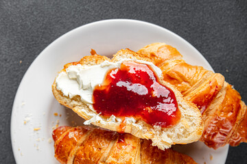 Croissant with jam French toast fresh tasty food dish Delicious gourmet food background on the table rustic food top view copy space