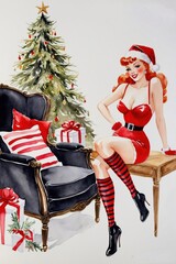 Charming Pin-Up with Christmas Tree and Snowman &ndash; Vertical Vintage Holiday Watercolor Illustration