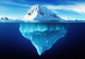 Massive Iceberg Formation in Clear Blue Waters Surrounded by Snow-Capped Mountains and Bright Blue Sky Under Atmospheric Conditions in Polar Region