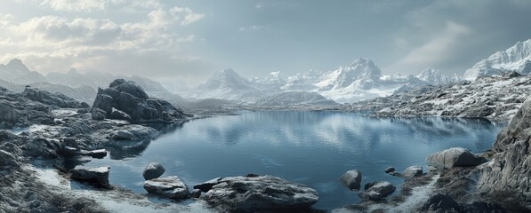 Obraz premium Majestic Winter Landscape with Snow-Capped Mountains, Reflective Lake, and Scenic Rocky Shoreline Under a Cloudy Sky