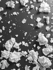 White crumpled paper scattered around the floor, crumpled paper, floor clutter, office mess, paper scattered, workspace chaos