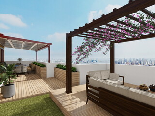 terraza con vistas y zona chillout y zona comedor con pergolas 