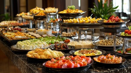 Fototapeta premium a buffet table filled with a variety of food items, including plates, bowls, and trays, as well as a houseplant in the background The background is slightly blurre