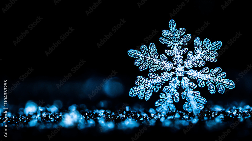 Poster unique snowflake captured in macro detail against a dark background showcasing intricate crystal for