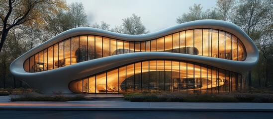 Modern, curvy, illuminated house with glass facade at dusk.