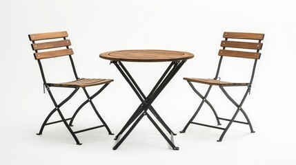  a small wooden table and two folding chairs on a white background The table is round in shape and the chairs have a folding design, making them easy to store away