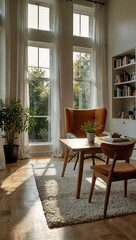 Bright modern living room with workspace and sunlight.