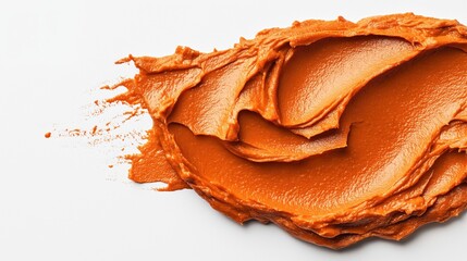 Close-up of a smooth, thick orange paste spread on a white background, with textured swirls and ridges visible.