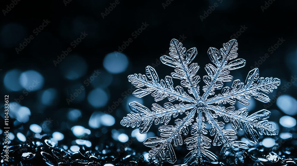 Poster intricate details of a snowflake captured on dark textured background