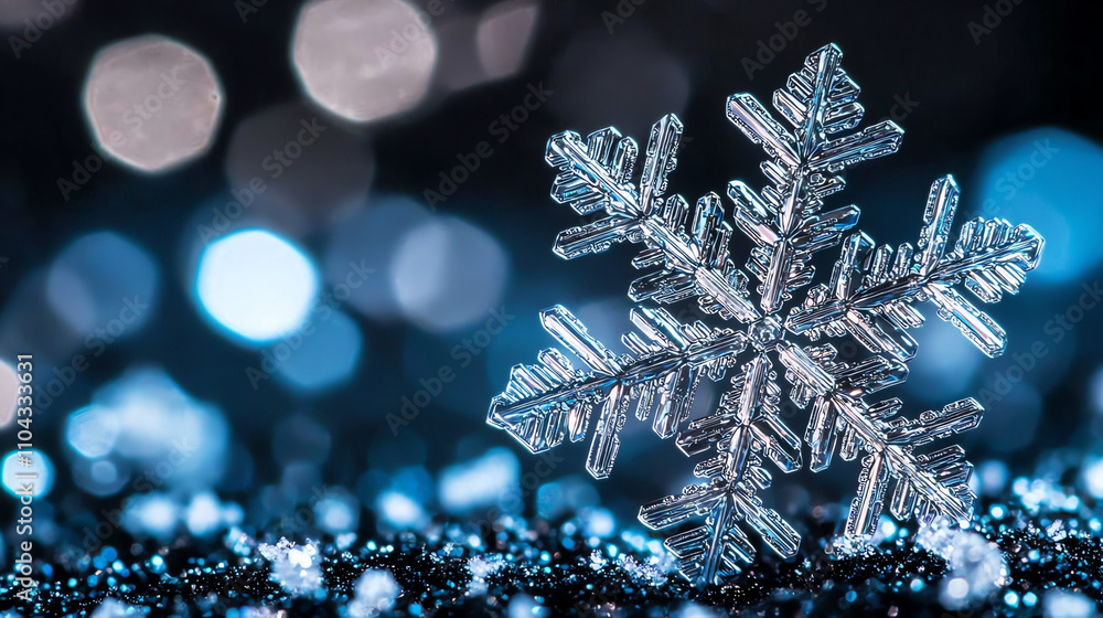 Poster Macro view of an intricate snowflake highlighting its unique structure against a dark background