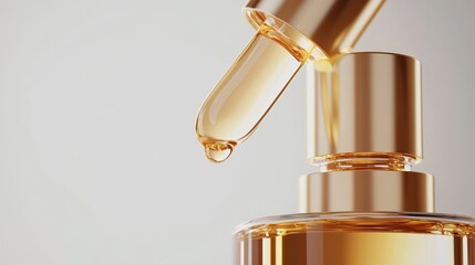  a bottle of serum with a dropper pouring out of it, set against a white background The dropper is filled with a golden liquid, likely the serum itself, and the bot