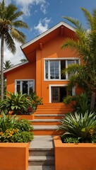 Fototapeta premium Bright orange house with tropical landscaping.