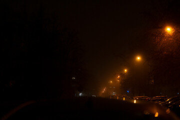 A dimly lit and foggy street at night, with glowing streetlights illuminating the surroundings and parked cars lining the sides, creating an atmosphere filled with intriguing mystery and calmness